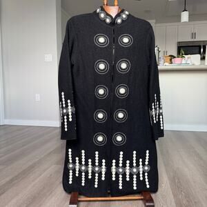 Y2K Clothes by Revue 100% Wool Long Coat XL Black White Embroidered Boho